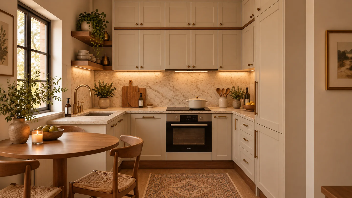 Photorealistic rendering of a compact L-shaped beige kitchen with a window, two tiers of wall cabinets and under-cabinet lighting